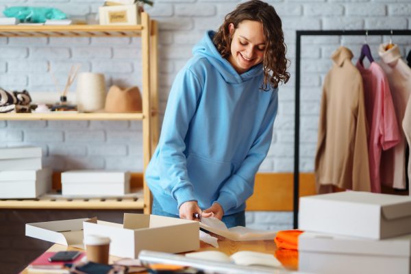 Close-up of preparing a parcel on the table. Woman online store, small business owner, entrepreneur.