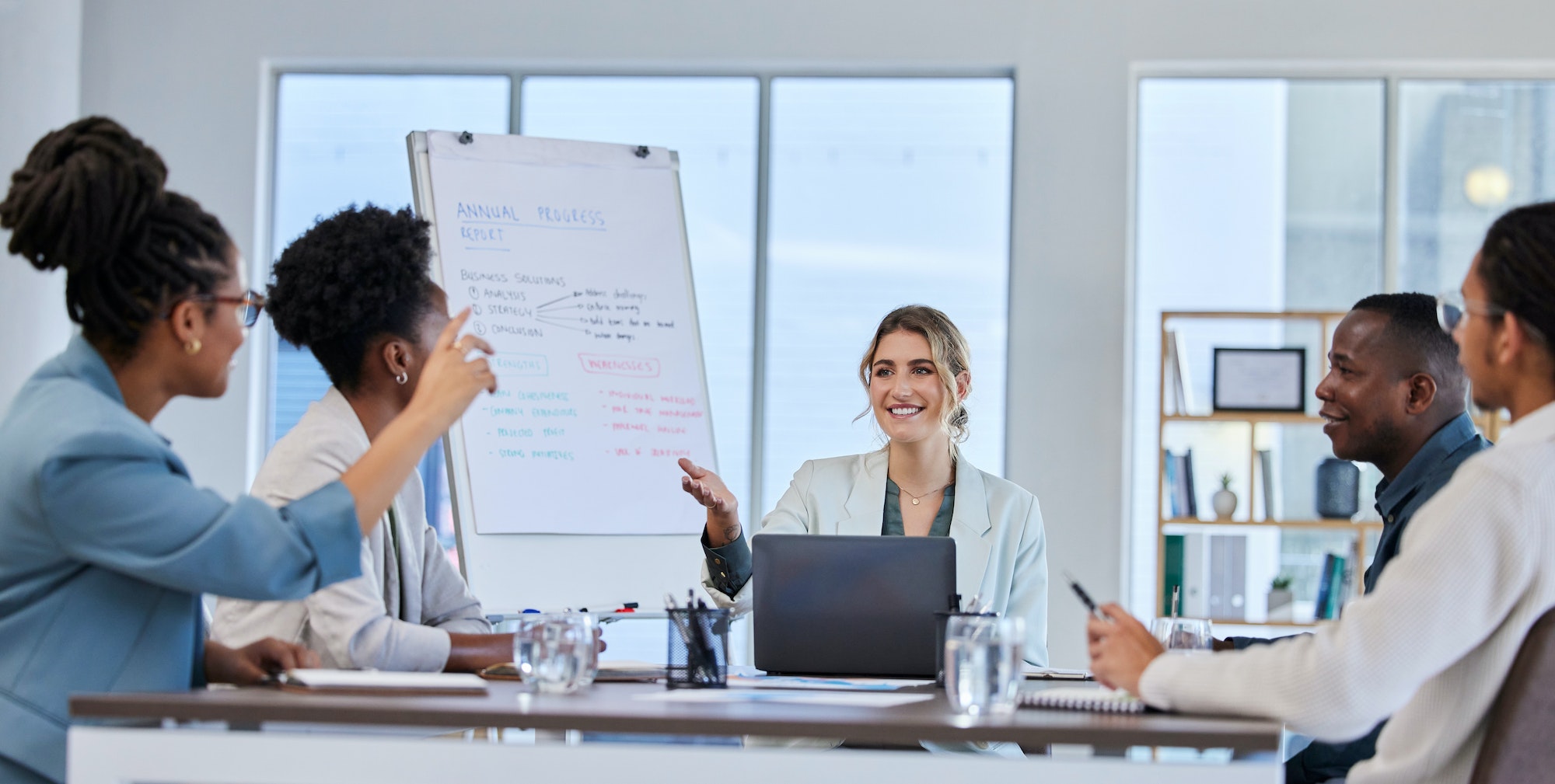 Faq, leadership or business people in a meeting or presentation asking questions or giving creative